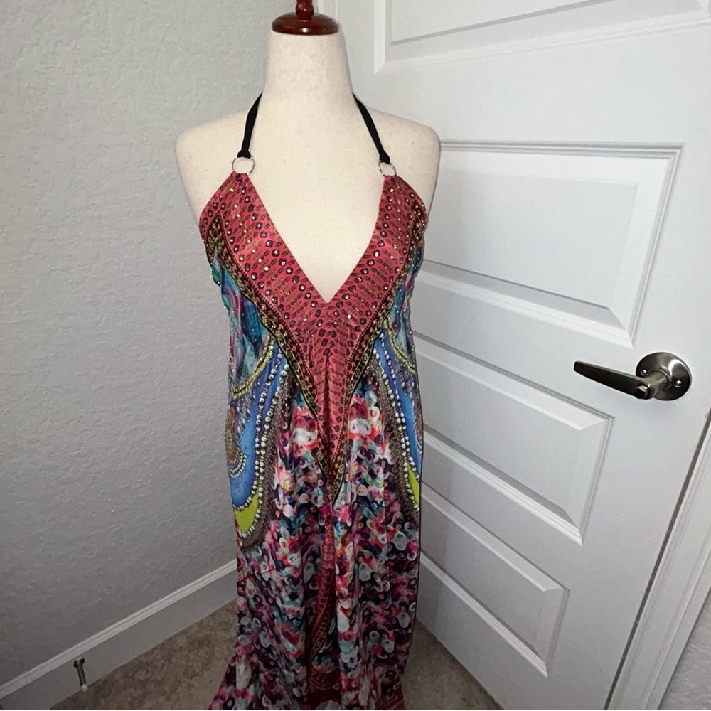 Halter Open Back Asymmetrical Sequins Embellished Mix Print Maxi Dress